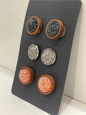 Set of 3 Handmade Druzy Style Wood Silver Stud Earrings E5